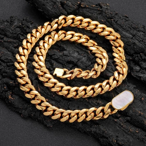 Collana Hip Hop in Acciaio Inossidabile a Maglia Cubana Con Chiusura in Madreperla Placcata Oro 18K Gioielli Fashion da Uomo Donna