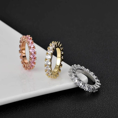 Hip Hop Single Row Zirconia Inlaid Copper Ring For Men Women Personalized Eternity Band Fashion Party Jewelry Gift