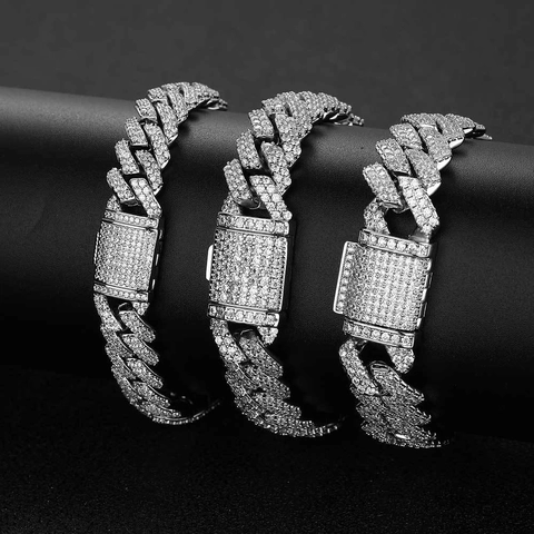 Hip Hop Iced Out Cuban Link Armband Koper Zirkonia Ruit Bakslot Voor Mannen Vrouwen Goud Zilveren Sieraden Cadeau