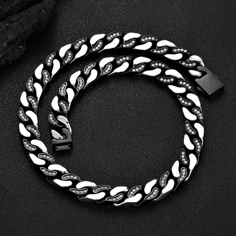Hip Hop 12mm Edelstahl Panzerkette Halskette Iced Out Zirkonia Kette Gold Silber Schwarz Zweifarbig Punk Streetwear Schmuck Unisex