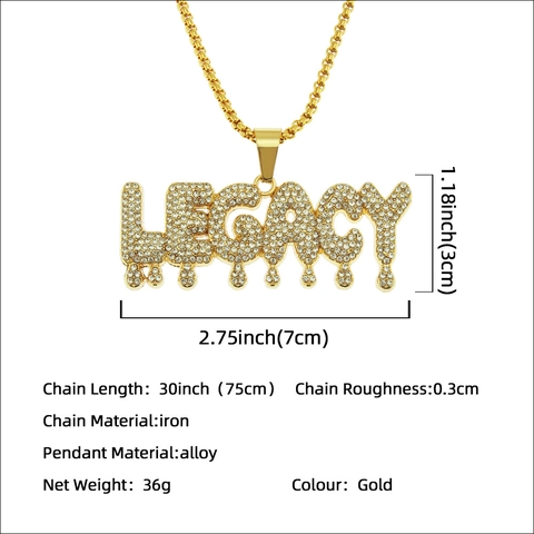 Hip Hop Tropfender Buchstabe Legacy Anhänger Halskette Mit Veneziakette Strass Legierung Street Style Schmuck Für Herren