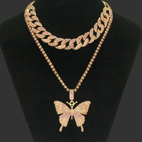 Halskette-Set Mit Strass-Schmetterlings-Anhänger Legierung Panzerkette Doppelreihig Hip-Hop-Mode-Schmuck Für Damen