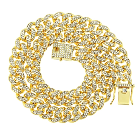 Hip Hop Iced Out Men Miami Cuban Link Necklace Zinc Alloy Rhinestone Pave Gold Silver Rose Gold Jewelry Chain For Men