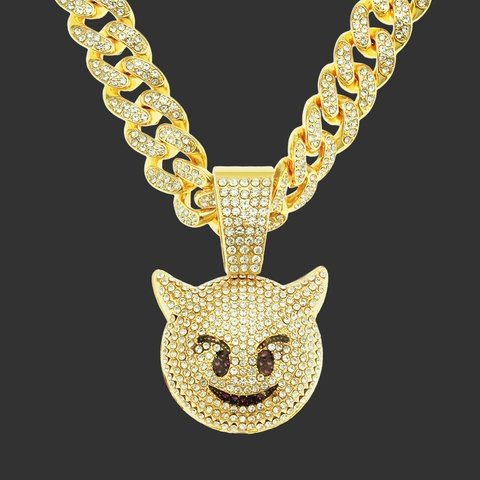 Collana Con Pendente a Forma di Piccolo Mostro in Lega Hip Hop Con Strass Per Uomo Donna Catena Cubana Devil Emoji Gioielli