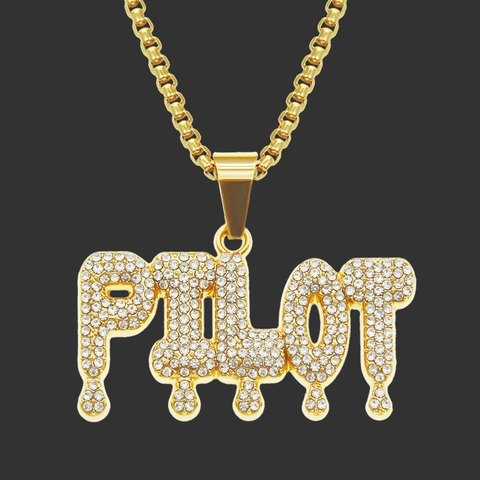 Hip Hop Vereiste PILOT Buchstabe Anhänger Halskette Legierung Strass Gold Galvanisierte Boxkette Streetwear Schmuck Herren