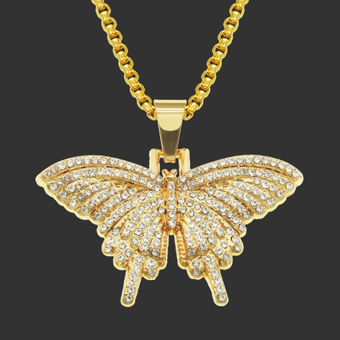 Collana con Ciondolo a Farfalla Iced Out Uomo Hip Hop Lega con Intarsio di Strass Catena Veneziana Oro Argento Gioielli