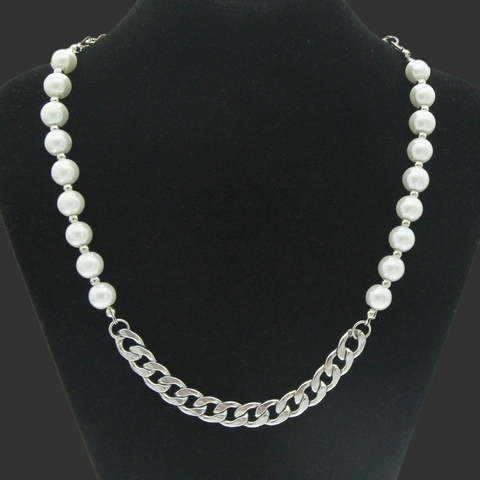 Minimalist Hip Hop Artificial Pearl Spliced Cuban Chain Necklace For Men Women Alloy Silver Plated Streetwear Jewelry Gift