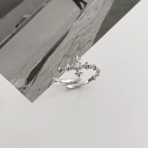 Anello in Argento Sterling 925 Con Croce Stella Zircone Regolabile Per Donna Stile Gotico Fascia Testurizzata Gioielli