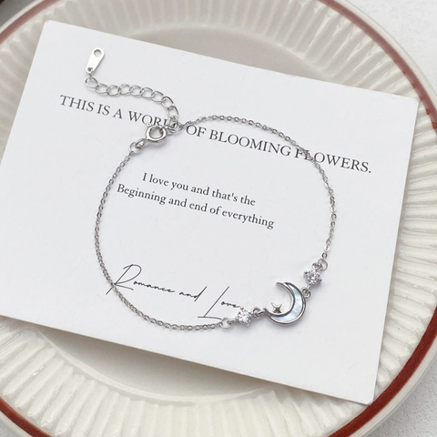 Pulsera de Estrella y Luna de Plata de Ley S999 Con Incrustaciones de Madreperla y Zirconia Cúbica Cadena Fina Ajustable Mujer