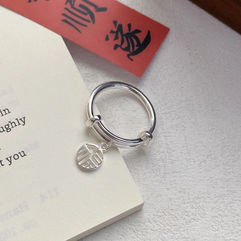 Anillo Ajustable de Plata de Ley S925 Con Carácter Fu y Etiqueta Circular Para Mujer Joyería Pulida Estilo Chino