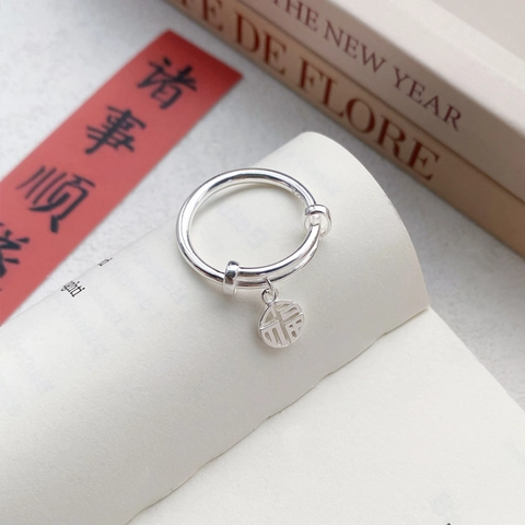 Anillo Ajustable de Plata de Ley S925 Con Carácter Fu y Etiqueta Circular Para Mujer Joyería Pulida Estilo Chino