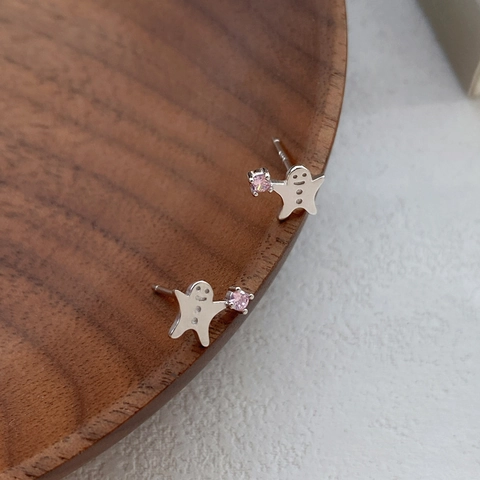 S999 Feinsilber Süße Lebkuchenmann Ohrstecker Mit Rosa Zirkonia Cartoon Ausdruck Festlich Schmuck Für Damen Mädchen Geschenk
