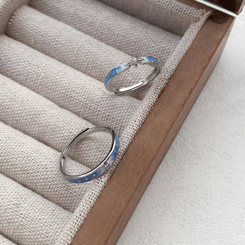 Anillos de Pareja de Estrella de Cuatro Puntas de Plata S999 Romántico Esmalte Azul Cielo Estrellado Anillos Abiertos Ajustables