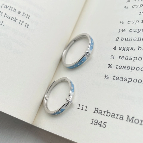 Anillos de Pareja de Estrella de Cuatro Puntas de Plata S999 Romántico Esmalte Azul Cielo Estrellado Anillos Abiertos Ajustables