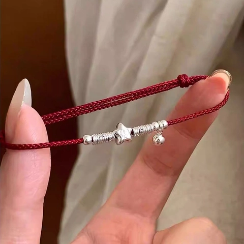 925 Sterling Silver Star Red String Bracelet For Women Adjustable Woven Cord Lucky Star Bell Charm Jewelry Hand Jewelry