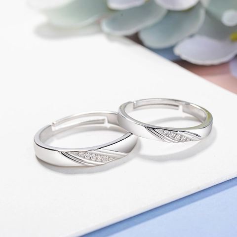 Anelli di Coppia Regolabili in Argento Sterling S925 Minimalisti con Zirconia Cubica Lucida Gioielli Regalo per Uomo Donna