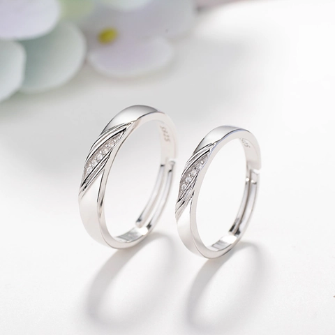 Anelli di Coppia Regolabili in Argento Sterling S925 Minimalisti con Zirconia Cubica Lucida Gioielli Regalo per Uomo Donna