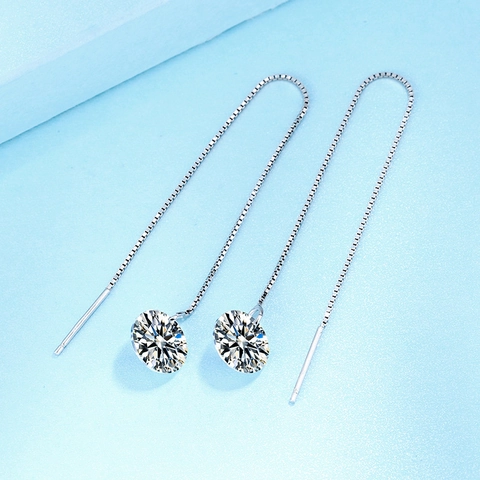 S925 Sterling Zilveren Doortrekoorbellen Met Enkele Strass Voor Dames Lange Kwastje Box-Ketting Mode Sieraden Oorbellen Koreaanse Stijl
