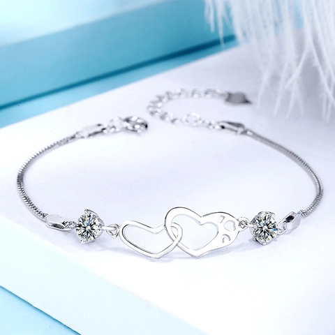 Βραχιόλι από Ασήμι Sterling 925 Με Πλεγμένες Διπλές Καρδιές για Γυναίκες Κομψή Απλή Αλυσίδα Φιδιού Με Μωβ Λευκά Στρας Κοσμήματα