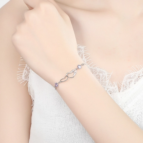 Βραχιόλι από Ασήμι Sterling 925 Με Πλεγμένες Διπλές Καρδιές για Γυναίκες Κομψή Απλή Αλυσίδα Φιδιού Με Μωβ Λευκά Στρας Κοσμήματα