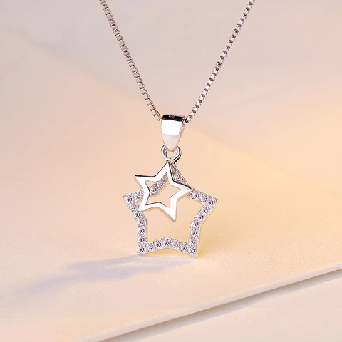 Colgante de Doble Estrella de Plata de Ley 925 para Mujer Estrella Hueca Pavimentada con Strass Accesorios de Joyería DIY Sin Cadena