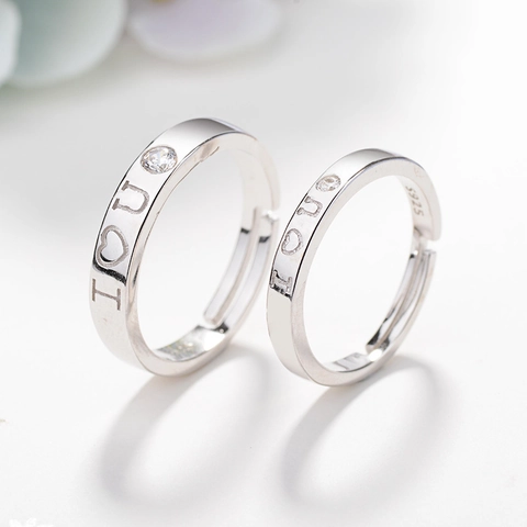 925 Sterling Silver Couple Rings For Lovers I Love You Heart Letter Adjustable Open Finger Ring Rhinestone Jewelry Gift