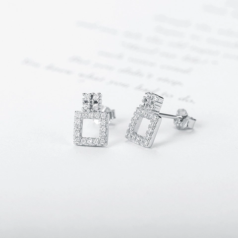 Pendientes de Botón Cuadrados Geométricos de Plata de Ley 925 para Mujer Joyas Minimalistas con Diamantes de Imitación