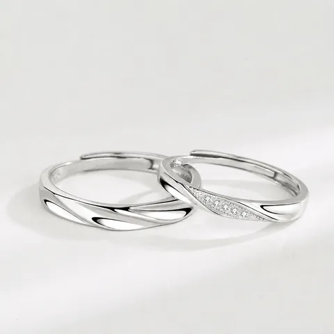 S925 Sterling Silver Couple Rings Set Simple Mobius Twist Adjustable Open Ring Rhinestone Inlaid Fashion Jewelry Valentine's Day Gift