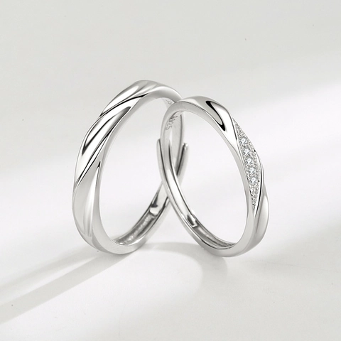 S925 Sterling Silver Couple Rings Set Simple Mobius Twist Adjustable Open Ring Rhinestone Inlaid Fashion Jewelry Valentine's Day Gift