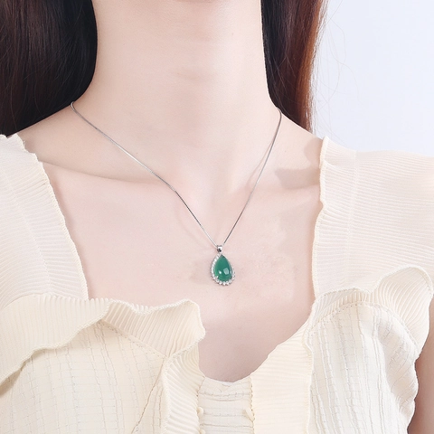925 Sterling Silver Green Chalcedony Pendant Necklace With Rhinestones Waterdrop Pear Shape Jewelry Gift For Women Mother