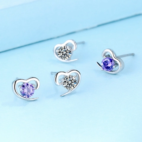 Boucles d'Oreilles Clous Cœur en Argent Sterling 925 Minimalistes Avec Strass Bijoux Élégants en Forme de Cœur Violet Blanc pour Femme