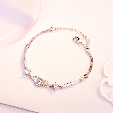 925 Sterling Silver Interlocking Double Heart Bracelet For Women Romantic Rhinestone Adjustable Link Chain Jewelry Gift