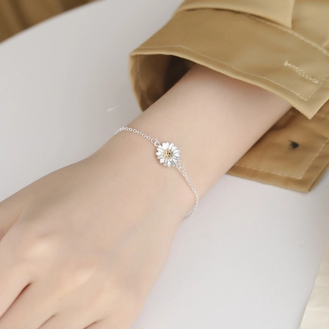 Pulsera de Plata de Ley 925 Pequeña Margarita para Mujer Minimalista Coreano Colgante Floral Fresco Cadena Ajustable Joyería Regalo