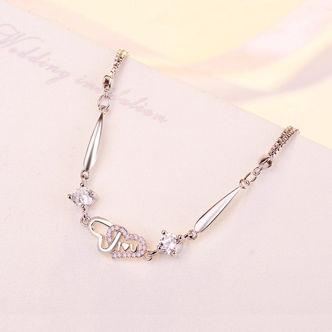 925 Sterling Silver Interlocking Double Heart Bracelet For Women Romantic Rhinestone Adjustable Link Chain Jewelry Gift