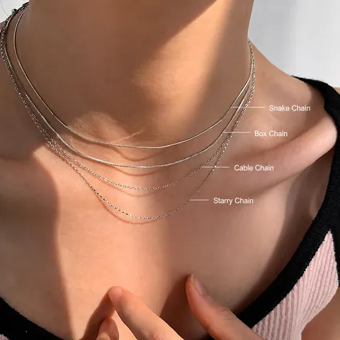 S925 Sterling Silver Necklace For Women Men Simple Box Snake Water Wave Cross Guazi Ingot Starry Base Fine Chain Jewelry