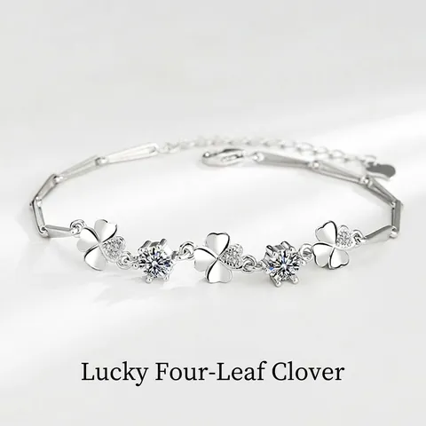 S925 Sterling Silver Four Leaf Clover Bracelet For Women Shiny Rhinestone Adjustable Chain Heart Pendant Elegant Fashion Gift