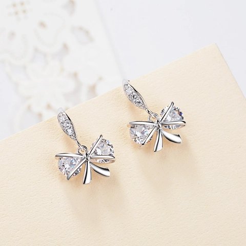 Luxus 925 Sterlingsilber Schleife Ohrstecker Strass Süßer Koreanischer Stil Schleife Glänzende Ohrringe Schmuck Für Damen