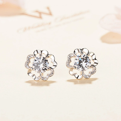 Orecchini a Bottone in Argento Sterling 925 a Forma di Fiore di Prugno per Donna Minimalisti Intarsiati con Strass