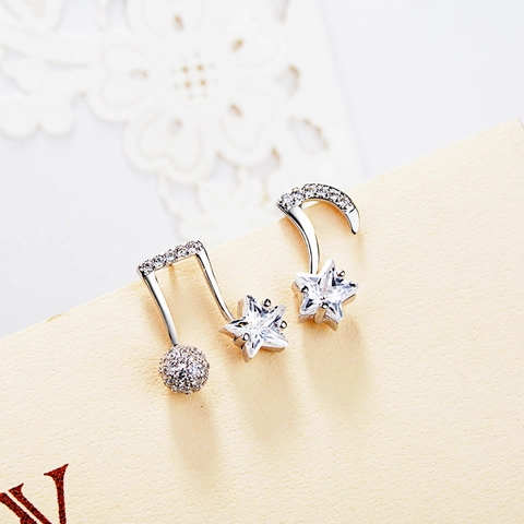 925 Sterlingsilber Asymmetrische Musiknoten Stern Ohrstecker Strass Eingelegt Mode Süß Damen Individueller Schmuck Geschenk
