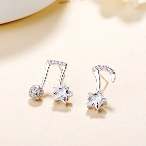 925 Sterlingsilber Asymmetrische Musiknoten Stern Ohrstecker Strass Eingelegt Mode Süß Damen Individueller Schmuck Geschenk