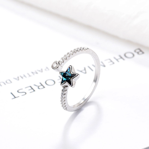S925 Sterling Silver Star Open Ring For Women Minimalist Blue Rhinestone Adjustable Pentagram Finger Ring Jewelry Gift