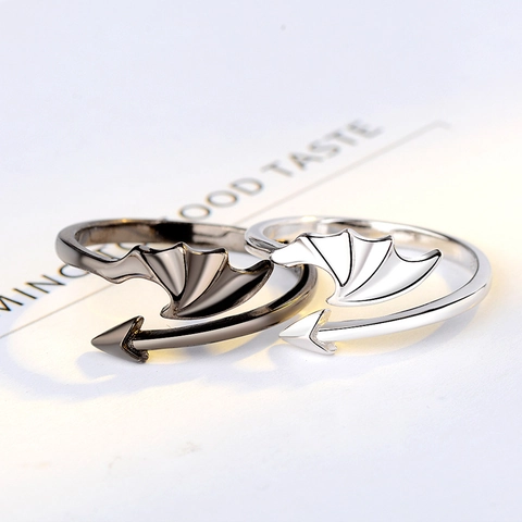 Anillos Abiertos de Plata de Ley 925 Con Alas de Ángel y Demonio Para Parejas Ajustables Estilo Punk Minimalista Joyería Amantes Negro Plata