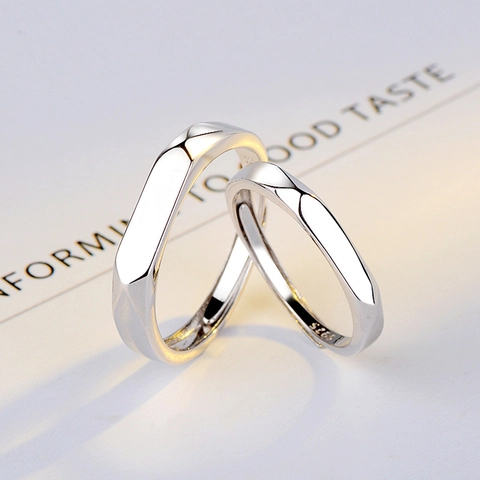 Bagues de Couple en Argent Sterling S925 Conception Ouverte Réglable Géométrique Facettée Surface Lisse Bijoux Pour Hommes Femmes