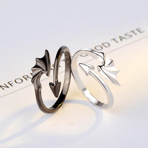 Anillos Abiertos de Plata de Ley 925 Con Alas de Ángel y Demonio Para Parejas Ajustables Estilo Punk Minimalista Joyería Amantes Negro Plata