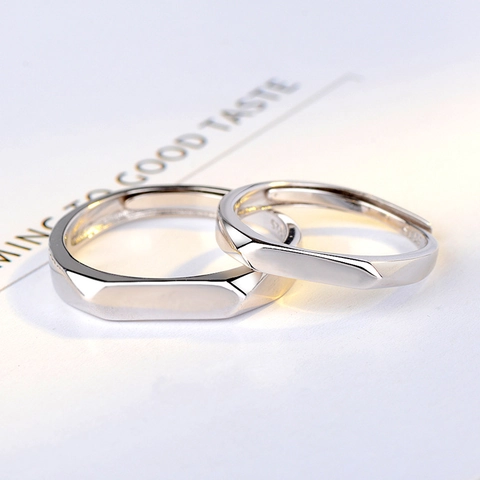 Bagues de Couple en Argent Sterling S925 Conception Ouverte Réglable Géométrique Facettée Surface Lisse Bijoux Pour Hommes Femmes