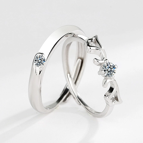 925 Sterling Silver Angel Wings Couple Rings Adjustable Open Ring Rhinestone Wing Matching Band Fashion Jewelry Gift