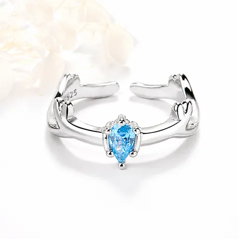 S925 Sterling Silver Antler Open Ring For Women Adjustable Reindeer Horn Pear Cut Zirconia Forest Style Jewelry Gift