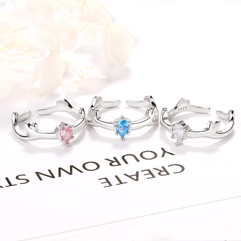 S925 Sterlingsilber Geweih Ring Für Damen Verstellbar Rentierhorn Birnenschliff Zirkonia Wald Stil Schmuck Geschenk