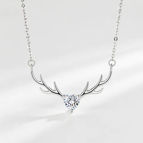 S925 Sterling Silver Deer Antler Heart Pendant Necklace For Women Zirconia Forest Style Elegant Jewelry Valentine Day Gift