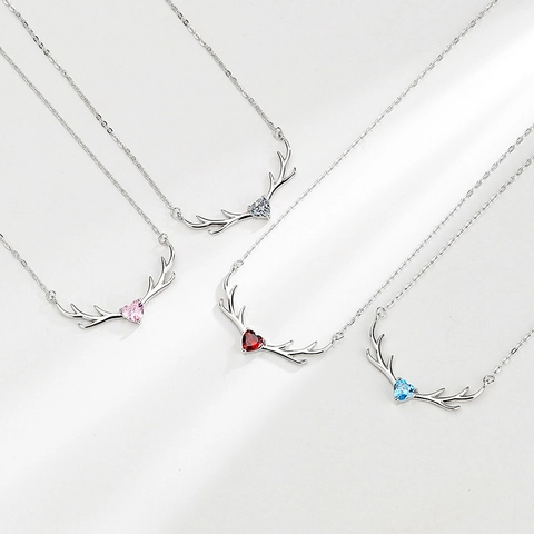 S925 Sterling Silver Deer Antler Heart Pendant Necklace For Women Zirconia Forest Style Elegant Jewelry Valentine Day Gift